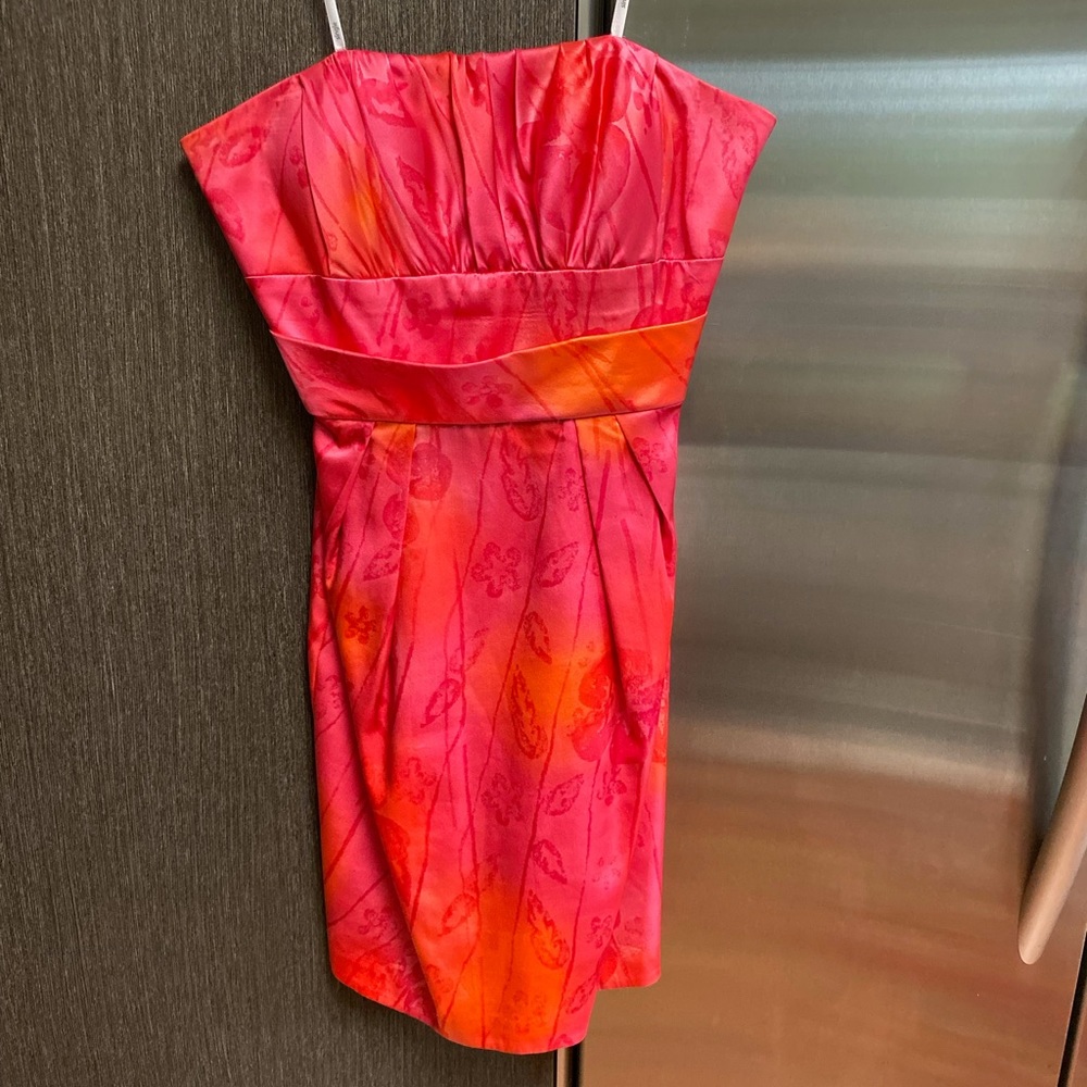 Silk, coral, strapless cocktail dress